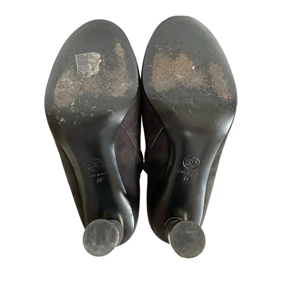 Chanel Black Suede Ankle Boots Quilted Heel CC‎ Gold Cap 39